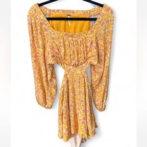 Free People Yellow Floral Cutout Mini Dress – Balloon Sleeve Boho Size XS